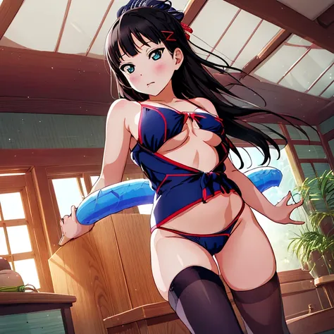 {best quality}, {ultra-detailed}, {best illustration}, nsfw, middle breasts, nipple, pull down the shoulder strap, piece of clothing removed, woman wearing a traditional Japanese school swimsuit, dark blue swimsuit, thigh highs, sox, embarrassed, worrying ...