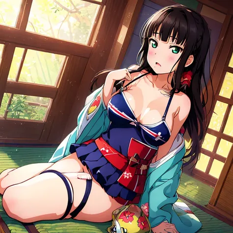 {best quality}, {ultra-detailed}, {best illustration}, nsfw, middle breasts, nipple, pull down the shoulder strap, piece of clothing removed, woman wearing a traditional Japanese school swimsuit, dark blue swimsuit, thigh highs, sox, embarrassed, worrying ...