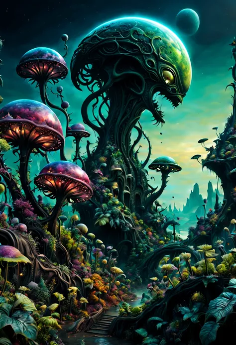 Magical Plants, Alien planet, Magic Realism Style, surrealistic, dark fantasy, Dark art, intricate, (best quality, masterpiece, Representative work, official art, Professional, unity 8k wallpaper:1.3)