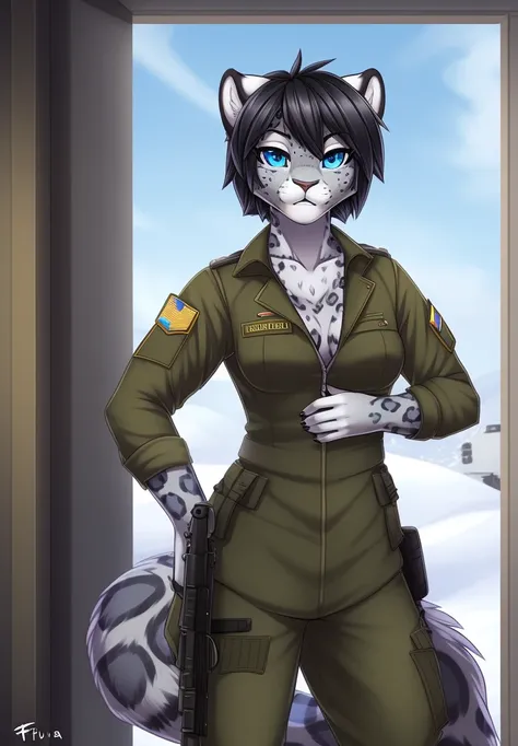 by fluff-kevlar, (best quality, masterpiece:1), solo, anthro, furry, female, ((Snow Leopard)), blue eyes, black hair, short hair, portrait, fingers, finger claws, looking at viewer, snow leopard tail, ((huge tuft of hair on the chest)), ((military gear)), ...