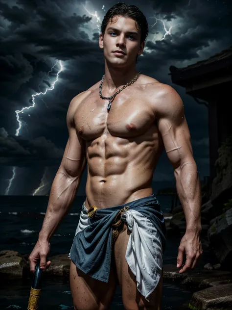 ((masterpiece)),((best quality)),8k, high detailed, ultra-detailed, Stylish Pose, real skin texture, dark cinematic lighting, 18-year-old italian male model, handsome, cute looking, divine look, (powerful light blue eyes:1.6), (Poseidon god:1.4), (god of t...