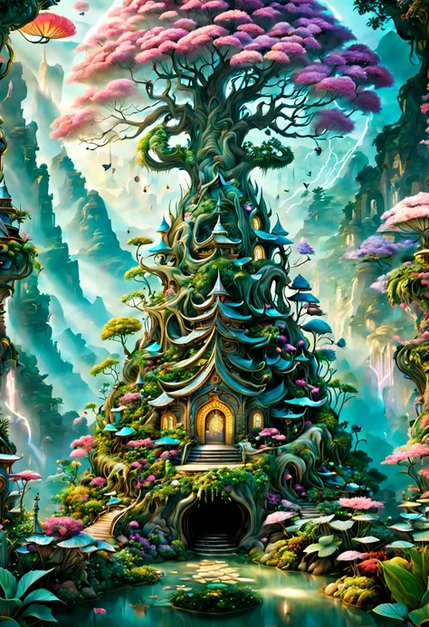 Magical Plants, fantasy art, Fairy Tales, Dreamscape, dreamy, hierarchical form, Ethereal, whimsical, Zen Buddhism, intricate, (best quality, masterpiece, Representative work, official art, Professional, unity 8k wallpaper:1.3)