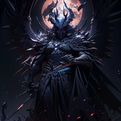 Raven king, holding scepter, moon, ravens