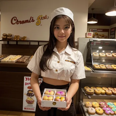 image size 75cm x 49cm high, a beautiful white girl born in Indonesia, holding a box containing 3 donuts with various toppings using her left hand, and her right hand holding a box containing 6 donuts with various toppings, while standing in a donut shop ,...