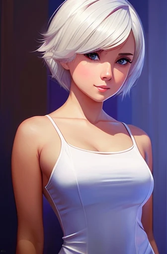 [by Artgerm and WLOP and Ilya Kuvshinov and RHADS and Loish and Rossdraws] beautiful young woman in tight clothes, rusian short white hair