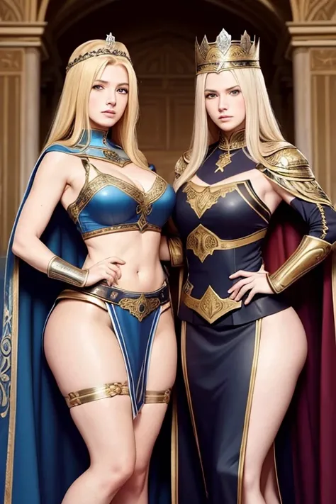 sisters of different ages, two blonde, one redhead, long hair, sexy, lesbians, curvy, tall, warriors roman, roman empire, using sexy armor with cape, using crown in head, queen