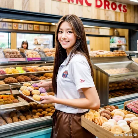 image size 75cm x 49cm high, a beautiful white girl born in Indonesia, holding a box containing 3 donuts with various toppings using her left hand, and her right hand holding a box containing 6 donuts with various toppings, while standing in a donut shop ,...