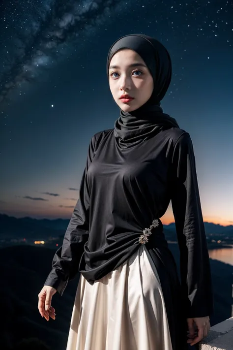 (Half-body:1.1), (loli:1.5), long tshirt Outfit, (RAW photo, Materpiece, Best Quality), (hijab:1.4), (headscarf:1.2), Flower Mountain, Landscape view, Galaxy Blackhole style, on the skies wave, The unknown existence of the seventh heaven, Clothes that are ...