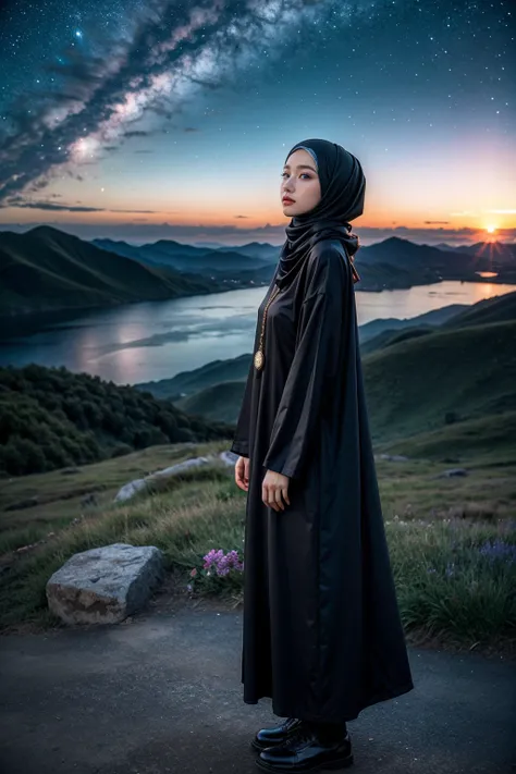 (Half-body:1.1), (loli:1.5), long tshirt Outfit, (RAW photo, Materpiece, Best Quality), (hijab:1.4), (headscarf:1.2), Flower Mountain, Landscape view, Galaxy Blackhole style, on the skies wave, The unknown existence of the seventh heaven, Clothes that are ...