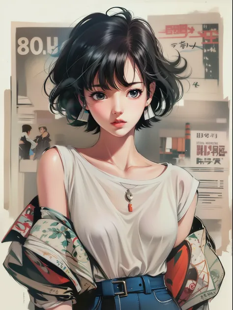 anime girl with black hair and white shirt standing in front of a newspaper, retro anime girl, 8 0 s anime art style, 9 0 s anime art style, makoto shinkai art style, 1980s anime style, 90s anime style, 9 0 s anime style, makoto shinkai style, anime style ...