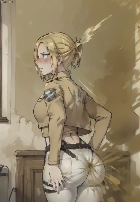 ((annie leonhart)),((velocity)),Attacked by farts, (((Women stand)),velocity,((classic dorm room)),((One Woman)),((fart while stand),her butt facing screen,fullbody,blue eye,blushing)),(​masterpiece:1.2、top-quality)、(the Extremely Detailed CG Unity 8K Wall...