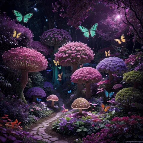 highres, vivid colors, fantasy landscapes, magical plants, insects, butterflies, flowers, glowing mushrooms, glowing vines, enchanted forest, whimsical scenery, ethereal lighting, dreamlike atmosphere, surreal flora and fauna, vibrant hues, delicate detail...