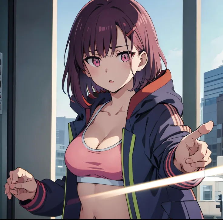 shizukamikazuki, shizuka mikazuki, short hair, purple hair, hair ornament, hairclip, (pink eyes:1.5), swept bangs,
BREAK navel, cleavage, jacket, open clothes, midriff, hood, open jacket, blue jacket, hooded jacket, sports bra, hood down,
BREAK looking at ...