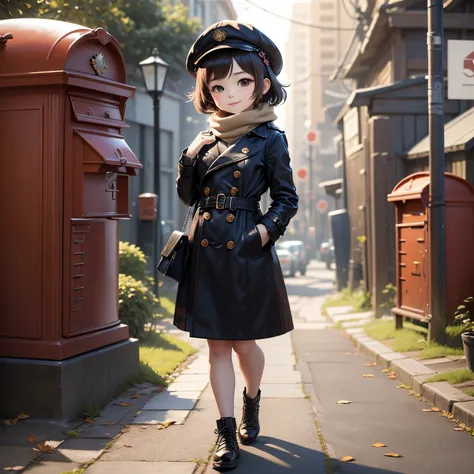 ​masterpiece、top-quality、ultra-detailliert、（Chibi Chara：1.2）、Trench coat for the winter、muffler、Stretch your back、(Postbox:1.27)（put a letter in the mailbox:1.2),A smile、post office，Full-body standing figure