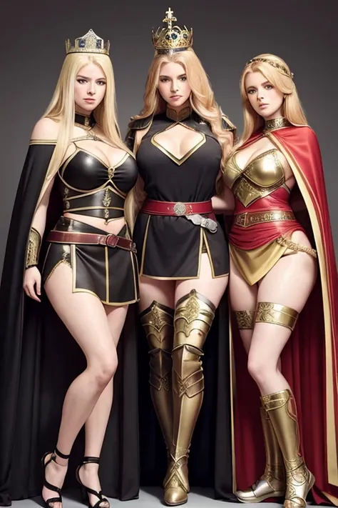 sisters of different ages, two blonde, one redhead, long hair, sexy, lesbians, curvy, tall, warriors roman, roman empire, using sexy armor with cape, using crown in head, queen