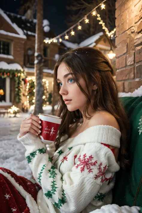 ((Ultra Long Exposure Photography)) high quality, highly detailed, Christmas girl in a half on the shoulder half off the shoulder sweat shirt, ugly Christmas sweater, red and green sweater, cute and stunning, wavey full brunet hair,  blue eyes, Christmas t...