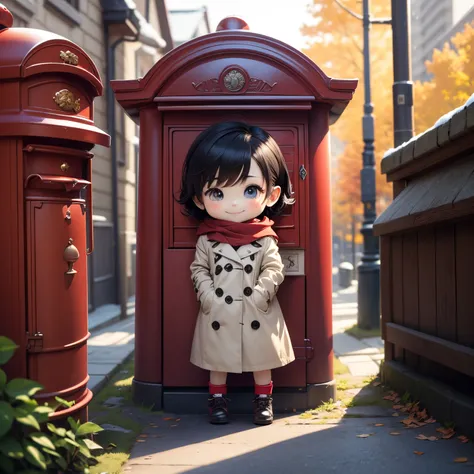 ​masterpiece、top-quality、ultra-detailliert、（Chibi Chara：1.2）、Trench coat for the winter、muffler、Stretch your back、(post box:1.27)（put a letter in the postbox:1.27),A smile、post office，Full-body standing figure