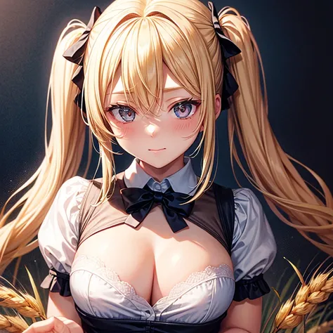 Blonde, twin tails, wheat skin, shy face, upper body, cleavage, white camisole