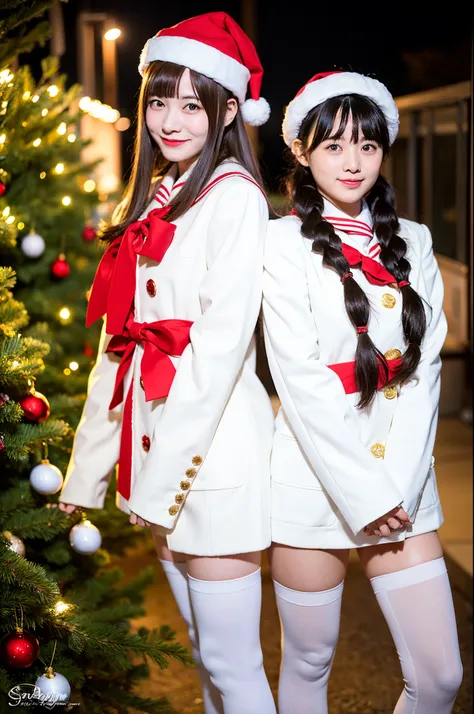 2 girls standing in snowing white Christmas street at night,snowy,long-sleeved red santa claus long coat,red and white sailor school uniform,santa claus hat,white leggings,Christmas tree,18-year-old,bangs,a little smile,thighs,crotch,knees,short cut hair,p...