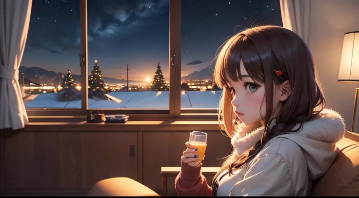 Anime girl in a living room with large windows and a winter sky view, in the Christmas style