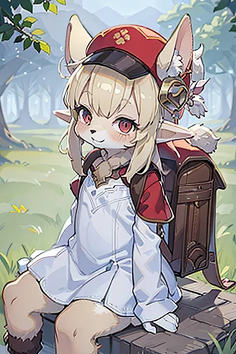 loli, outside, happy, smiling, daylight, short, small, pointy ears, elf ears, furry elf ears, furry, hat, backpack, fluffy