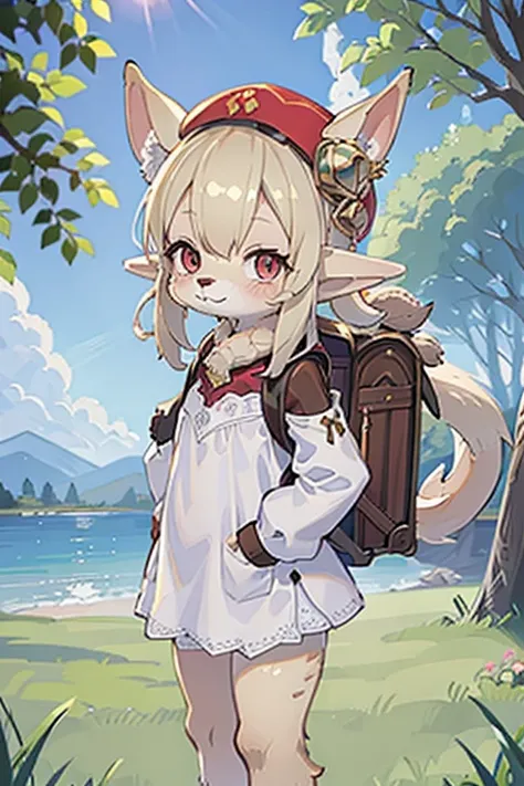 loli, outside, happy, smiling, daylight, short, small, pointy ears, elf ears, furry elf ears, furry, hat, backpack, fluffy