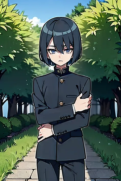 garoto jovem, blue hair, bob hair cut, blue eyes, wearing black student outfits, black gakuran uniform , anime boy, shy face, in a garden, shy face, cute anime pose, hd, masterpiece, best quality, grey filter, 4k, anime, 8k, best quality,