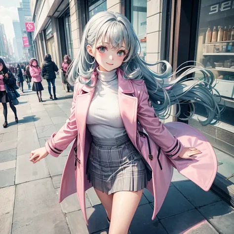 1girl in, Solo, shopping mall、Aqua hair, Curly hair, rolled up、Medium Hair, ((Pink long coat)), ((White turtleneck)), ((Gray checked skirt)), tight skirts、long boots、Smile, Standing, a closeup、Highest quality image quality、8K、An ultra-high picture quality