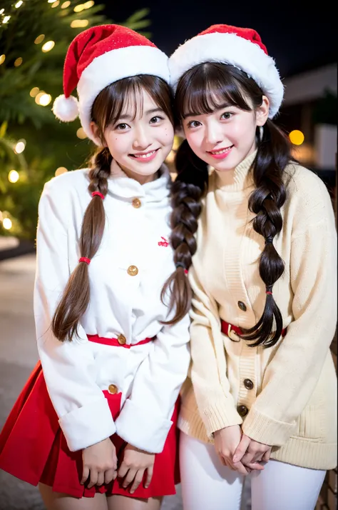 2 girls standing in snowing white Christmas street at night,snowy,long-sleeved red santa claus long coat,white school uniform,santa claus hat,white leggings,Christmas tree,18-year-old,bangs,a little smile,thighs,crotch,knees,short cut hair,pigtails