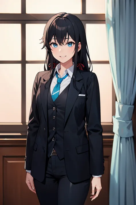 Yukinoshita Yukino ,Woman wearing formal clothes, An attractive coat stands in a large gap in the room , 1girl, 独奏, blue necktie, Black hair, eyes blue, long hair, smile , collared shirt, white pants, white shirt , Elegantly designed coat , Stand in front...