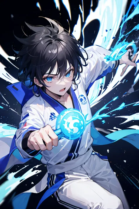 A boy character from a fighting gamr with messy spiky black hair in a blue taekwondo uniforme he manipulates blue energy blasts that go through his hands