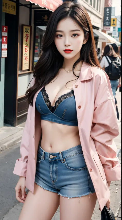 Young Girls, beautiful girls, Korean makeup, Red lips, long hair, medium chest, medium body, thigh, áo bra che bụng, bra đen, áo khoác ngoài, áo khoác đỏ, open jacket, Tight jean shorts, streetscape,