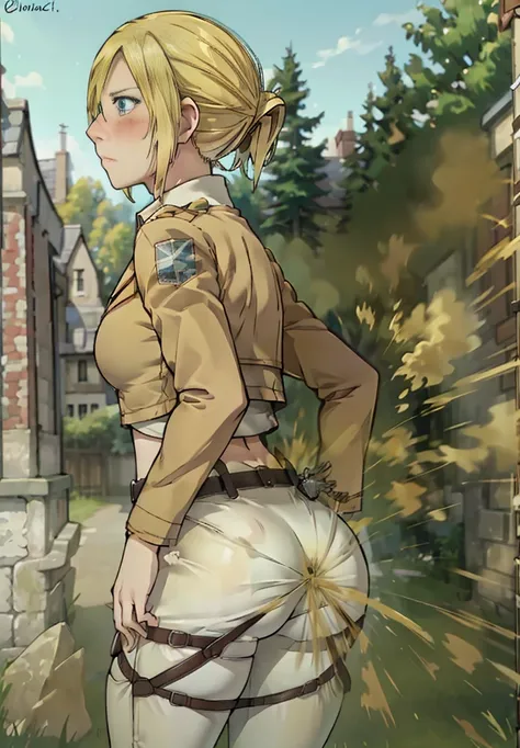 ((annie leonhart)),((velocity)),Attacked by farts, (((Women stand)),velocity,((classic city)),((One Woman)),((fart while stand),her butt facing screen,fullbody,blue eye,blushing)),(​masterpiece:1.2、top-quality)、(the Extremely Detailed CG Unity 8K Wallpaper...