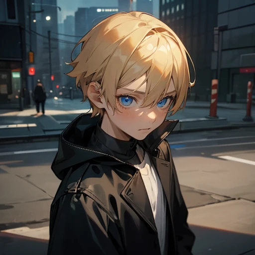 A boy with blond hair and blue eyes, approximately 7 years old. He is wearing city clothing, including a black jacket. His hair is short and he has a mischievous look in his eyes. This boy, despite his young age, lives a difficult life as a thief. He is ho...