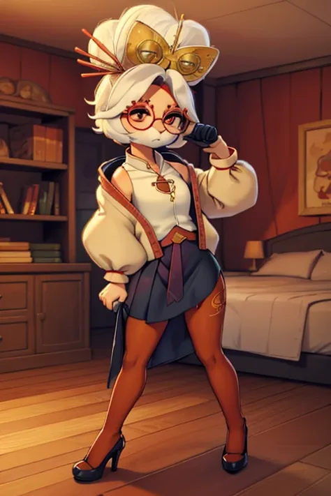 small cat, red fur, bedroom floor standing on all fours, red glasses, hair ornament, white jacket, sleeveless shirt, black skirt, orange leggings, high heels