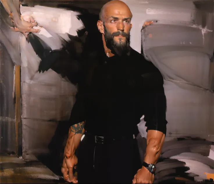 character sheet, dilf, short beard, bald, lean body, tattoos, skater shoes, early 40s, wrist watch, white socks, artistic, black jeans, hunter green shirt, standing, handsome, gentle expression, slim tall build, white male, piercings, accessories, bracelet...