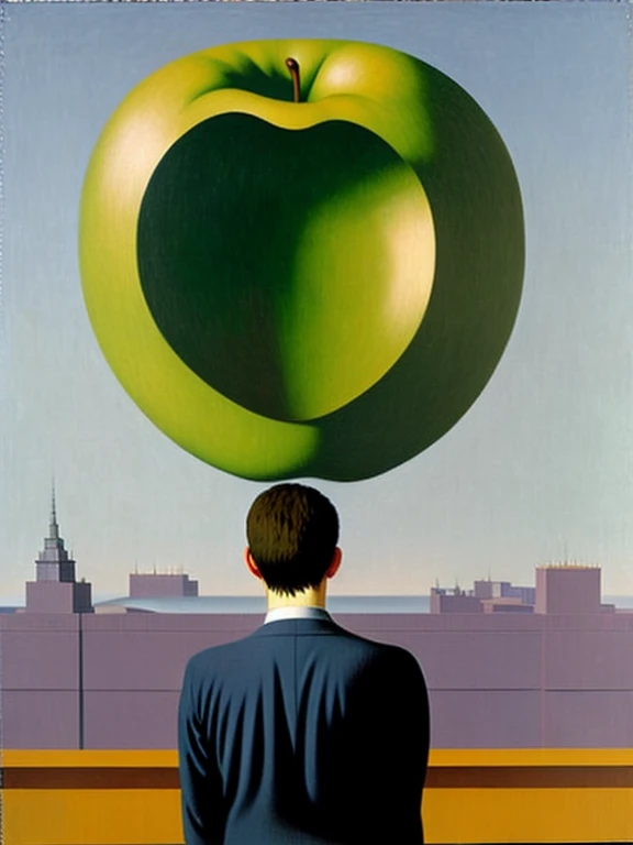 Motion picture film，photorealestic，Photorealistic photoed man in suit looking at green apple in 4k resolution, Rene Magritte style, joe webb, koons, Hugh Kretschmer, Inspired by Rene Magritte, Inspired by Hiroshi Nagai, author：David Inshaw, Inspired by Dav...