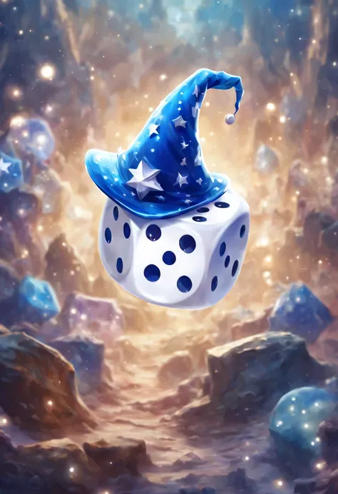 a white six-sided die wearing a blue wizards hat with white stars, beautiful, playful image, white background, cinematic, vibrant, illustration, painting, 8k FULL HD, cores vibrantes, Disney style