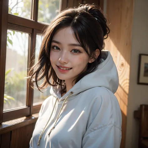 best quality, masterpiece, ultra high res, photorealistic, 1girl, smile, thick hoodie