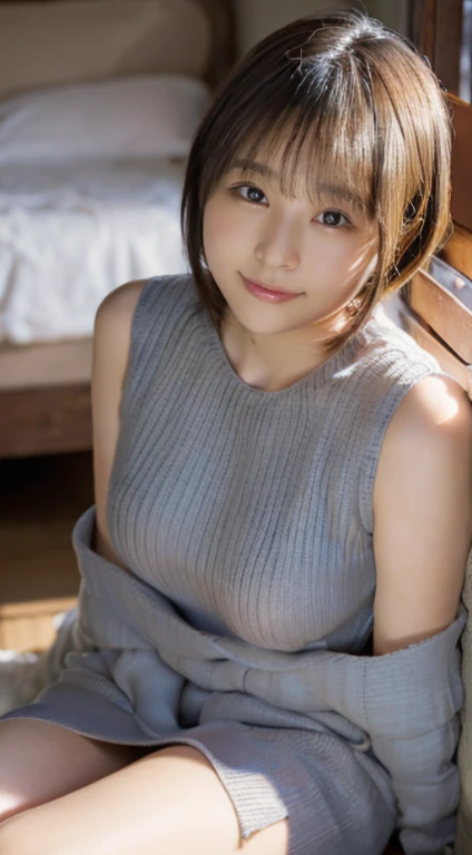 In the bedroom(s asleep)RAW photo of a、((1 Japan Girl、12year old、natural make up、Young face、Super beauty))(lying on ones side)、Beautiful valley、Beautiful big breasts、thin-waist、Beautiful hips、((Straight short bob、Wearing hair on the ears))((Gray long knit)...