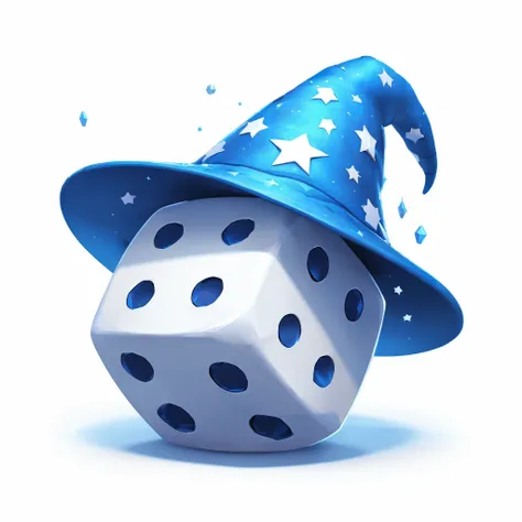 a white six-sided die wearing a blue wizards hat with white stars, beautiful, playful image, white background, cinematic, vibrant, illustration, painting, 8k FULL HD, cores vibrantes, Disney style