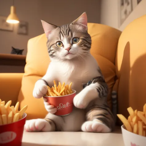 there is a cat that is sitting on a couch with a bowl of fries, with fries, cute cat, cute cat photo, eating chips and watching tv, a cute cat, kawaii cat, cat eating, the cutest kitten ever, cute:2, ultra realistic picture, cute kitten, adorable digital p...