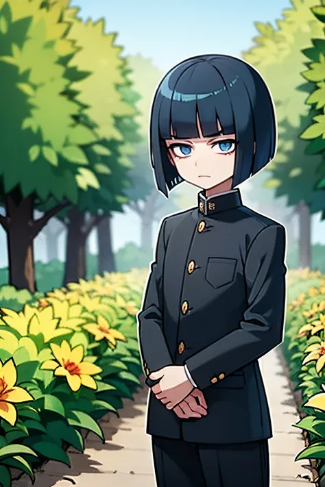 young boy, tall boy,  blue hair, bob hair cut, blue eyes, wearing black student outfits, black gakuran, anime boy, shy face, in a garden, shy face, cute anime pose, hd, masterpiece, best quality, grey filter, 4k, anime, 8k, black lines