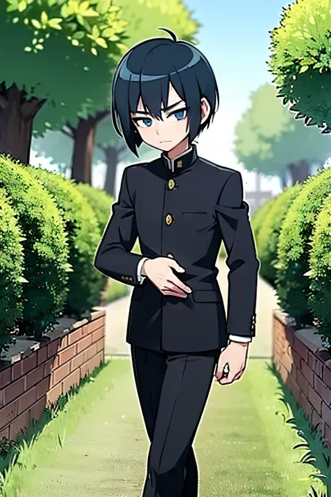 young boy, tall boy,  blue hair, bob hair cut, blue eyes, wearing black student outfits, black gakuran, anime boy, shy face, in a garden, shy face, cute anime pose, hd, masterpiece, best quality, grey filter, 4k, anime, 8k, black lines