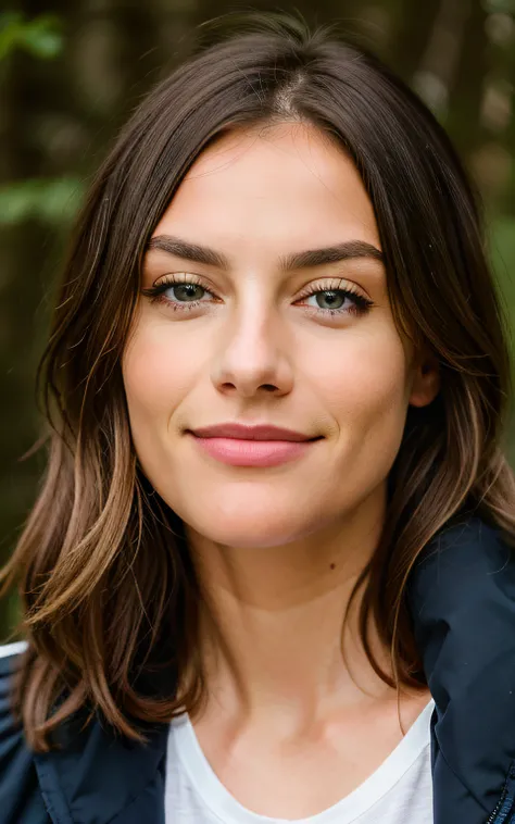 closeup of the face, frontview, looking directly in the camera, Beautiful brunette with blonde highlights, Highly detailed, 32 Jahre alt, She wears modern long hiking clothes, Unschuldiges Gesicht, Natural wavy hair, blaue Augen, high resolution, Meisterwe...