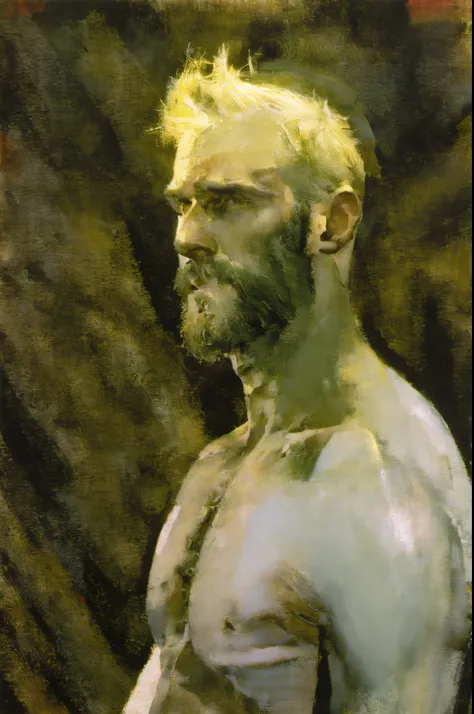 ethereal portrait, blonde man, hairy body, skinny, looking at viewer, green atmosphere, beautiful lighting