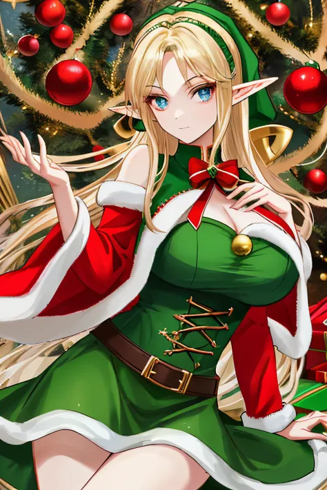 elf, christmas outfit, enticing you, seductive look, big breast, coming closer to you, masterpiece, best quality, high quality