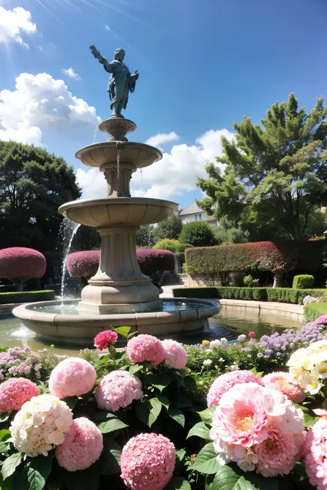 Central symmetry，Baroque-style buildings in the distance，borgar，The sky is blank，With a little cloud, the roof is light golden，White walls，Pink and white flowers surround，There is a fountain with sculptures in front of the castle，Fountain surrounded by hyd...