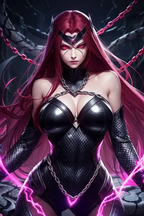 female supervillain, half mask in the eye, visible veins in her face, red eyes, face detail using power chains, snake power, Meduza, beautiful, sexy, Psychopath