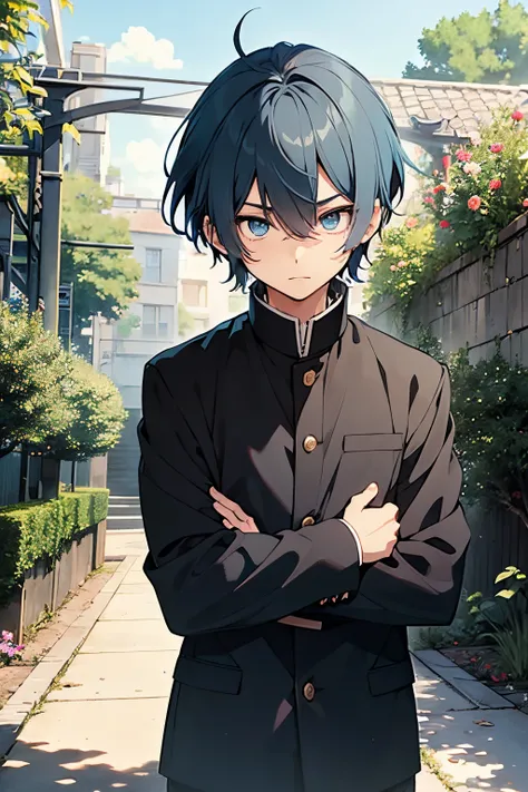 young boy, tall boy,  blue hair, bob hair cut, blue eyes, wearing black student outfits, black gakuran, anime boy, shy face, in ...